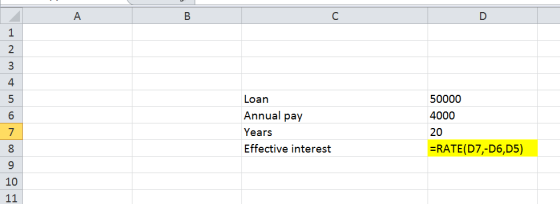 Hmm + un Loan Annual pay Years Effective interest 50000 4000 20 =RATED 7,-D6,05) 11