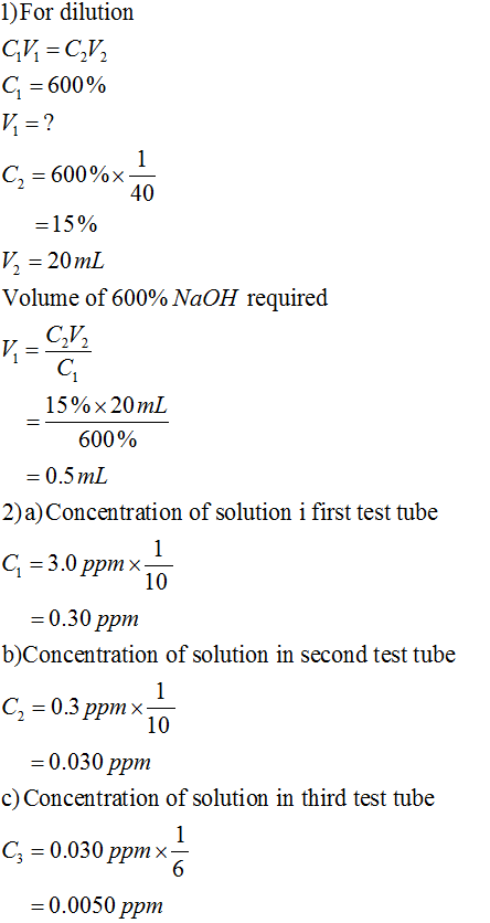 1)For dilution СИ -Су, C 600% V ? C2 600%x 40 =15% V 20mL Volume of 600% NaOH required CV И CL 15%x 20mL 600% -0.5 mL 2) a) C