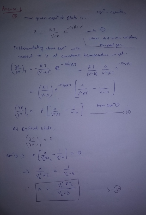 - Answers сч - easan, The ginen equin of state is V-b P = RI e a/RTVO where adbore constants Differenkating above equin with
