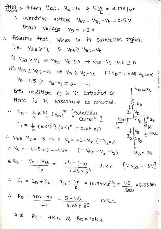 (0) VGS > Vt VGS-Vt 0 V65-Vt = 0.5 > 0 .. Ans :- Given that, Vt = IV & kw = a malva overdrive Voltage Vov - VGs - V+ = 0.5 V