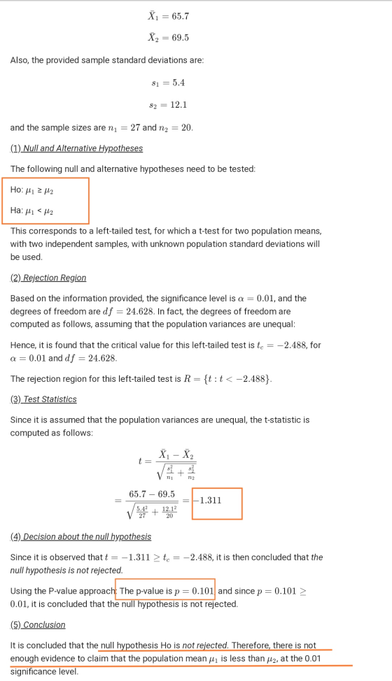 X1 = 65.7 X2 = 69.5 Also, the provided sample standard deviations are: Si = 5.4 S2 = 12.1 and the sample sizes are ni = 27 an