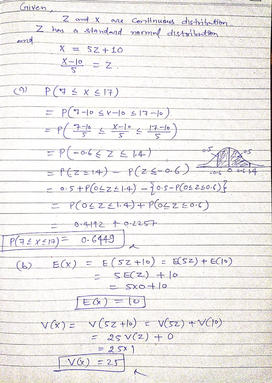 Given, 2 and X continuous distribution Z hay a standard normal disturbullon orre end Х 5z + 10 X-lo Ž (9) PG 2X (17) 2 = P(7-