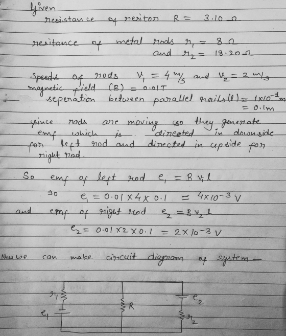 Given resistance of resitor R = 3.10 a resitance of metal rods r - and ta 8a 18.202 Speeds of w - Oilm rods = 4 m and ų = 2