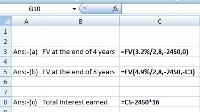 G10 fac A B C 1 2 3 Ans:-(a) FV at the end of 4 years =FV(3.2%/2,8,-2450,0) 4 5 Ans:-(b) FV at the end of 8 years =FV(4.9%/2,
