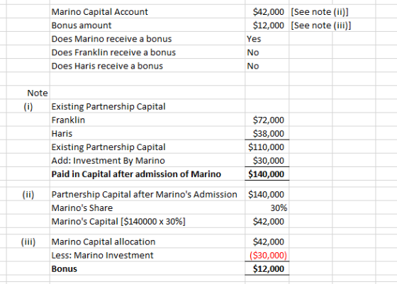 Marino Capital Account Bonus amount Does Marino receive a bonus Does Franklin receive a bonus Does Haris receive a bonus $42,