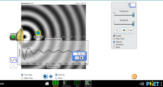 50 cm 1 ms = 10-35 Frequency min max Amplitude 0 max 2. = 85.8 cm Pressure at Center Graph O Play Tone O Waves O Particles O
