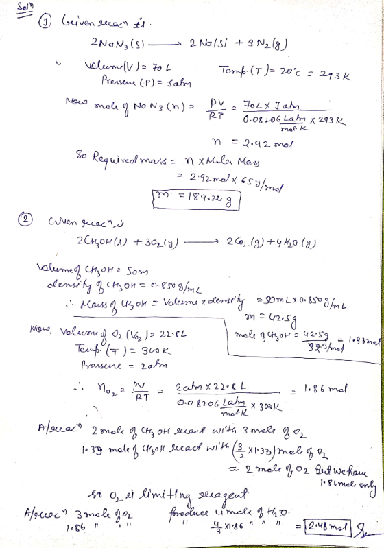 & 9 beiven recach is 2Nang(s) - 2 Nais! + 3 N2 (9) • volumell)= 7ot Temp. (T)= 20°c = 293k Pressene (P) = Sahn PV, Go T a. No