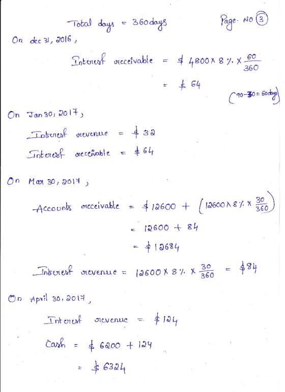 Total days = 360 days : Page No ③ On dec 31, 2016, Interest receivable = $ 4800* 8 %. X 60 e $ 64 90-30 = Godays On Jan 30, 2