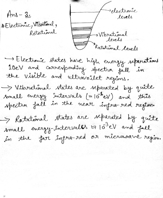 Ans-3. electronic levels #Electronic, Vebovationel, Rotational → Vibrational levels Rotational levels → Electronic states hav