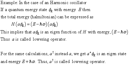 Example: In the case of an Harmonic oscillatot If a quantum energy state f with energy E then the total energy (halmiltonian) can be expressed as This implies that afe is an eigen function of H with energy, (E-ha Thus a is called lowering operator For the same calculations, al instead a, we get a% 1s an eigen state and energy E+ha Thus, a is called lowering operator