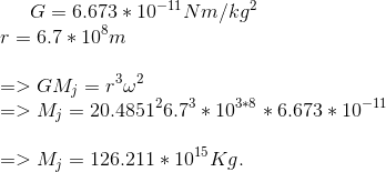 G = 6.673*10^{-11}Nm/kg^2\\ r = 6.7*10^8 m\\\\ => GM_j = r^3 \omega^2\\ => M_j = {20.4851^2}{6.7^3*10^{3*8}*6.673*10^{-11}}\\\\ => M_j = 126.211*10^{15}Kg.