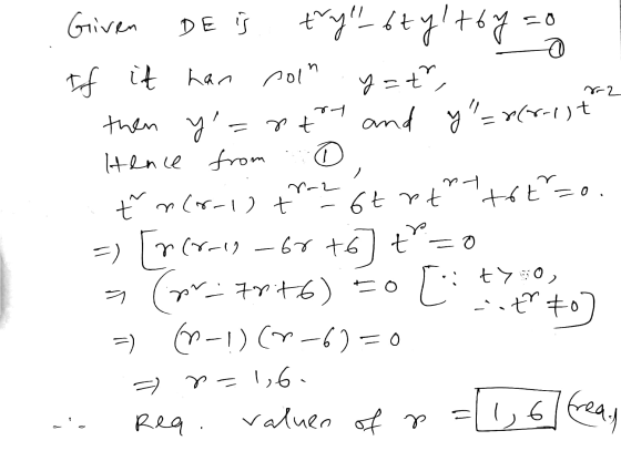 Given De is trye brylt6y=0 If it han noin yat, then y=rty and y=2(6-11t Hence from re . řn(r-1) imor t = 6trt tot=o. lotuto