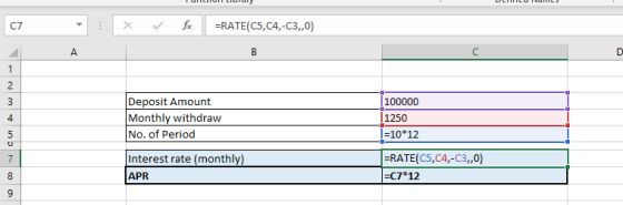 C7 Deposit Amount Monthly withdraw No. of Period 100000 1250 4 10*12 RATE(C5,C4,-C3,,0) Interest rate (monthly) APR -C7 12