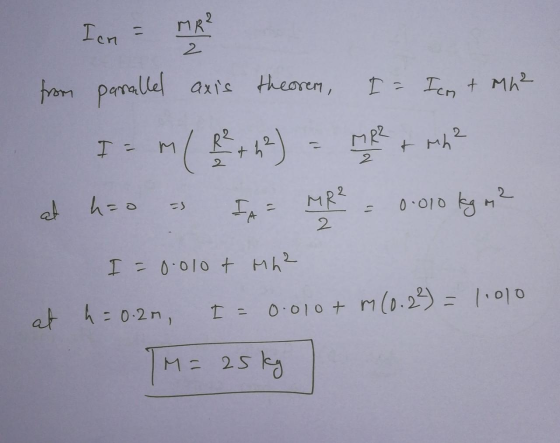 Ich = MR from parallel axis theorem, I = Icm + Mh2 I= m/ 22 +22) = MR2 + wh² at hao & IA MR² = 0.010 kg m² I = 0.010t Mh² at