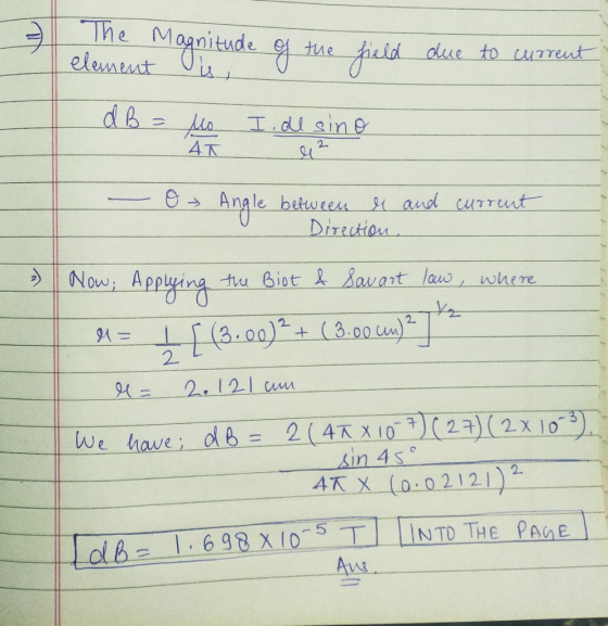 The Magnitude of the element is field due to current dB = Mo I de sino A le ² - 0 current Angle between er and - Direction. »