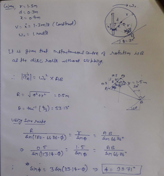 Giren &=1.5m d-0.3m x=0.am V = x= 1.3m/8 (Constant) Woo rads O=30° It is given that instantaneous centre of rotation is B as