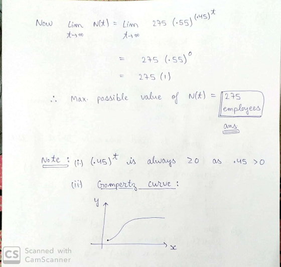 Now Lim N) Lim to 295 (155) (045)* too 275 (:55) 275 (1) Max. possible value of N(A) 1275 employees ans. as .45 0 Note : t (i