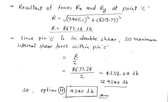 Resultant of forces Rre and Ry at point c. R = V(2465.1)? +(8319.77)? R=8677.28 db since pin ê is in double shear so maxim