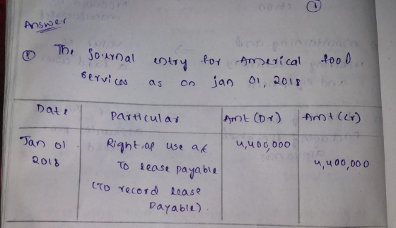 Answer stanow The journal services entry as on for jan Americal 01, 2018 food.. bro Date Particular AME (Dr) Amt (6) Tan ol 2