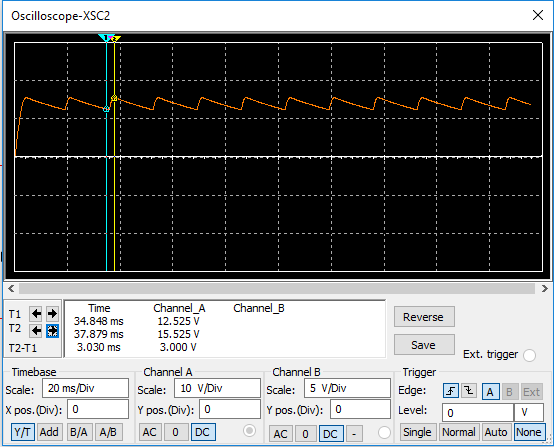 Oscilloscope-XSC2 x Channel_B T1 T2 Reverse Time 34.848 ms 37.879 ms 3.030 ms Channel_A 12.525 V 15.525 V 3.000 V 2-11 Timeba