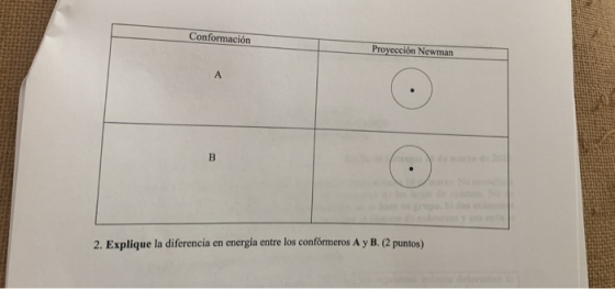 Conformación Proyección Newman 2. Explique la diferencia en energia entre los confórmeros A y B. (2 puntos)