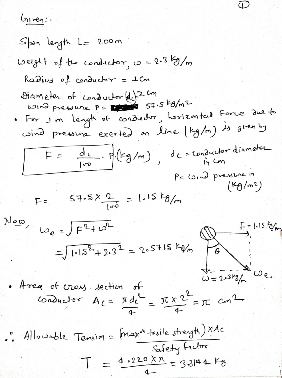 D Giren: sure p = is Span length L= 2oom weight of the conductor, w= 2.3 Kg/m Radius of conductor = 1 cm Diameter of conducto