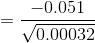 =\frac{ -0.051 }{\sqrt{ 0.00032}}