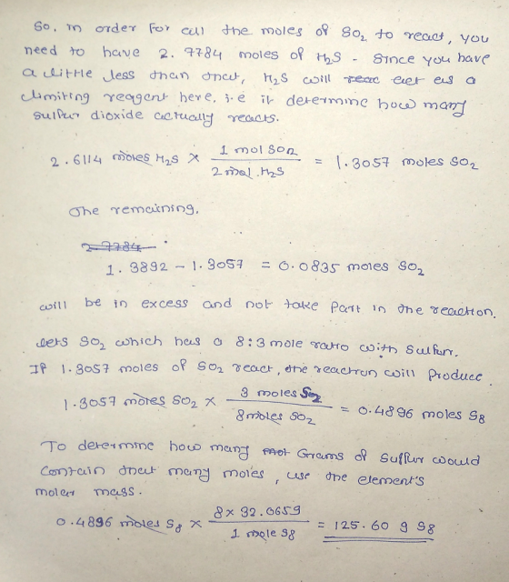 meed to have 2. 784 moles of thS Since You have Sulho dioxide Caetua creadkS. Ơhe remaining, 1.3892 1.3051 o83s moles So2 be