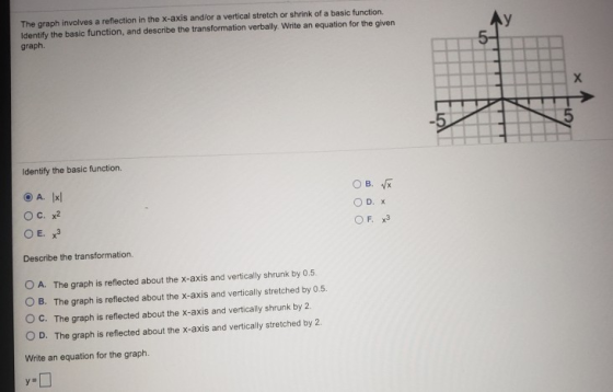 Ay The graph involves a reflection in the x-axis and/or a vertical stretch or shrink of a basic function. Identify the basic