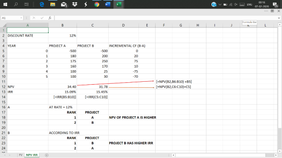 W ? v 00-16 ENG 07-02-2020 26 fix A1 2A 1 2 DISCOUNT RATE D E F G H I J formula Bar 12% 4 YEAR PROJECT A PROJECT B -500 180 1