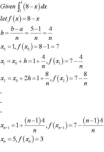 Given || (8-x) dx let f (x)=8-x hub-a _5-14 n n n 40 = 1, f (x )=8-1 =7 x = x + h=1+ x = x + 2h=1+. Myny =1+ (n-1)4 95,5 (7)