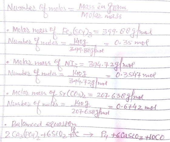 Nerades Olmoles Neonbes of males Marss ên fram molas noss • Molar mass of Fe (soy). = 399.88 gnol Number findes = 140g = 0.35