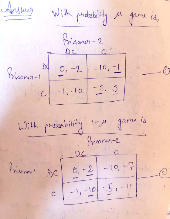 Ansuus With probability u game is, Prisomer-2 c Dd Erisoners 0,-2 -10,1 © -5, -5 c 4,-10. is With prebability in game frisone