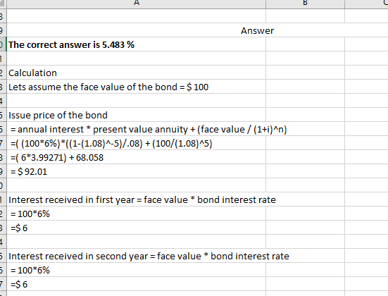 mm Answer The correct answer is 5.483 % e Calculation Lets assume the face value of the bond = $ 100 5 Issue price of the bon
