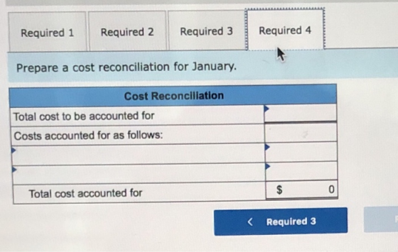 Required 1 Required 2 Required 3 Required 4 Prepare a cost reconciliation for January. Cost Reconciliation Total cost to be a
