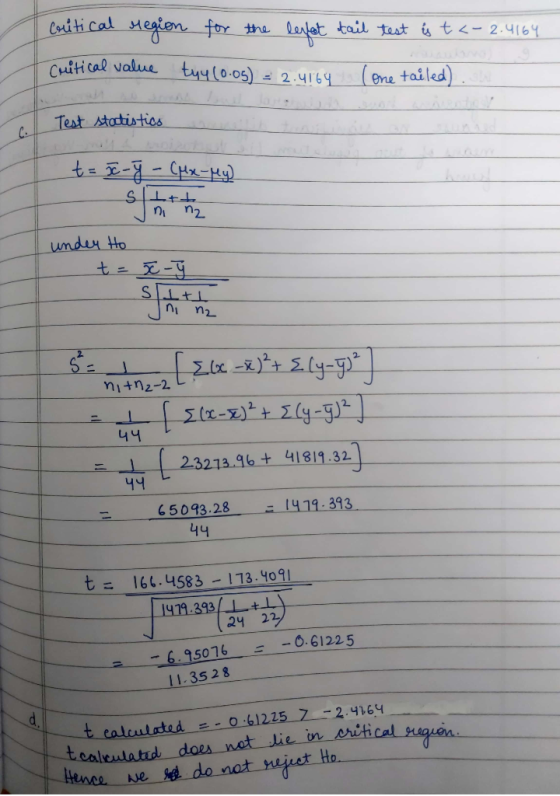 Critical region for the lefet tail test is t <- 2.4164 Critical value tyy(0.05) = 2.4164 (one tailed). Test statistics t = 5c