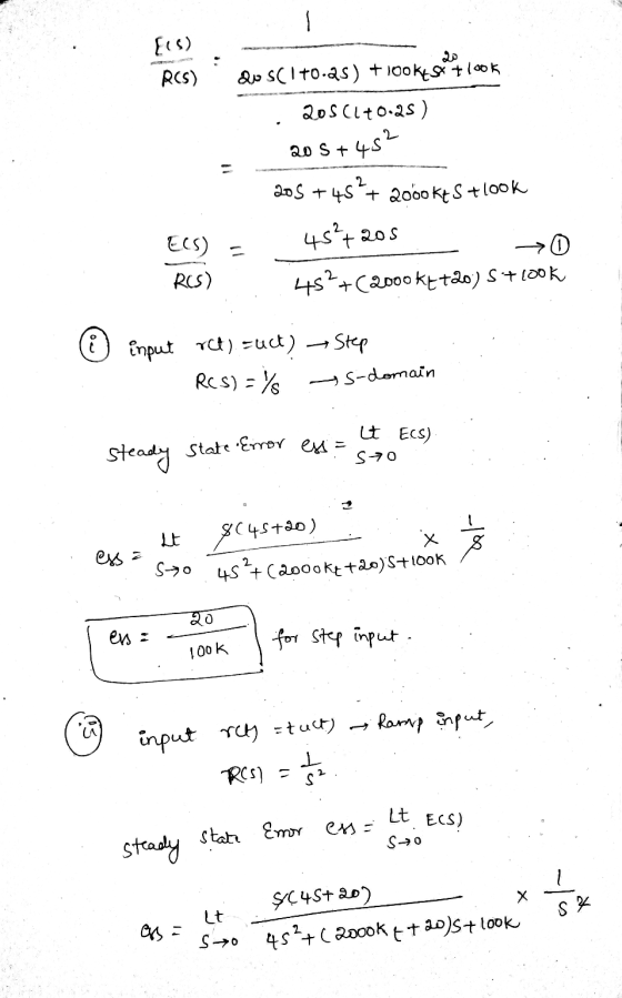 {(s) RCS) . dos(1+0.25) +100 kg 7100k. 205 (1+0.25 ) 205+45 E(S) = RCS) 205 +48 + 2060 kS + look 45²+20s . → 453+(2000 kt t20