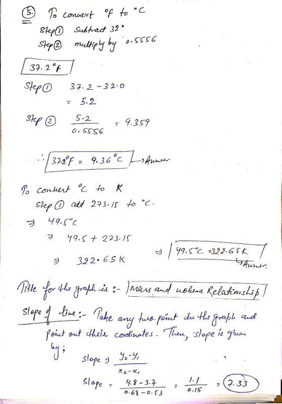 5) Po conuert of to °C . Step Subtract 32• Step@ multiply by 0.5556 [ 37.2%) Stepo 37.2 -32.0 = 5.2 step @ 5.2 0.5556 9.359 .