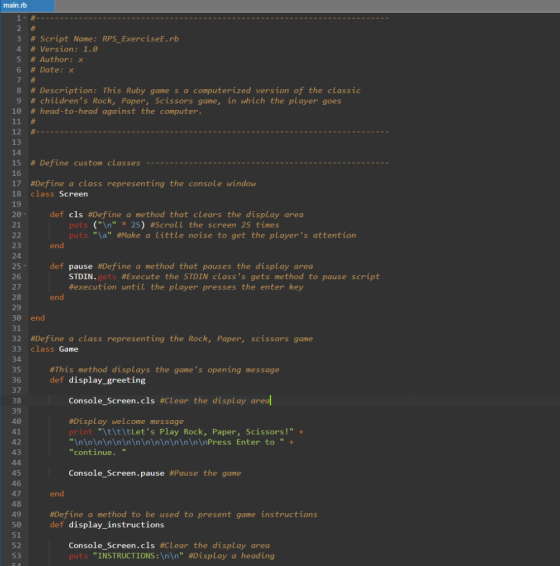 main.ro #---------------- # 1 2 3 # Script Name: RPS_ExerciseE.rb 4 # Version: 1.0 5 # Author: x 6 # Date: x 7 # Description: