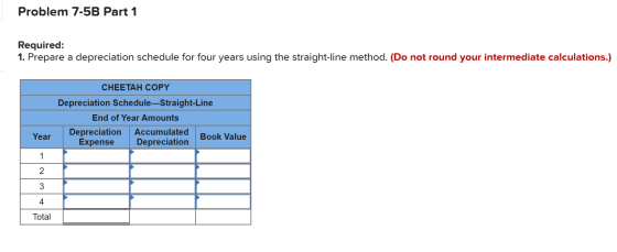 Problem 7-5B Part 1 Required: 1. Prepare a depreciation schedule for four years using the straight-line method. (Do not round
