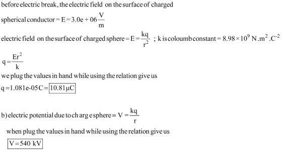 before electric break, the electric field on the surface of charged spherical conductor E-3.0e+06 electric field on the surfa