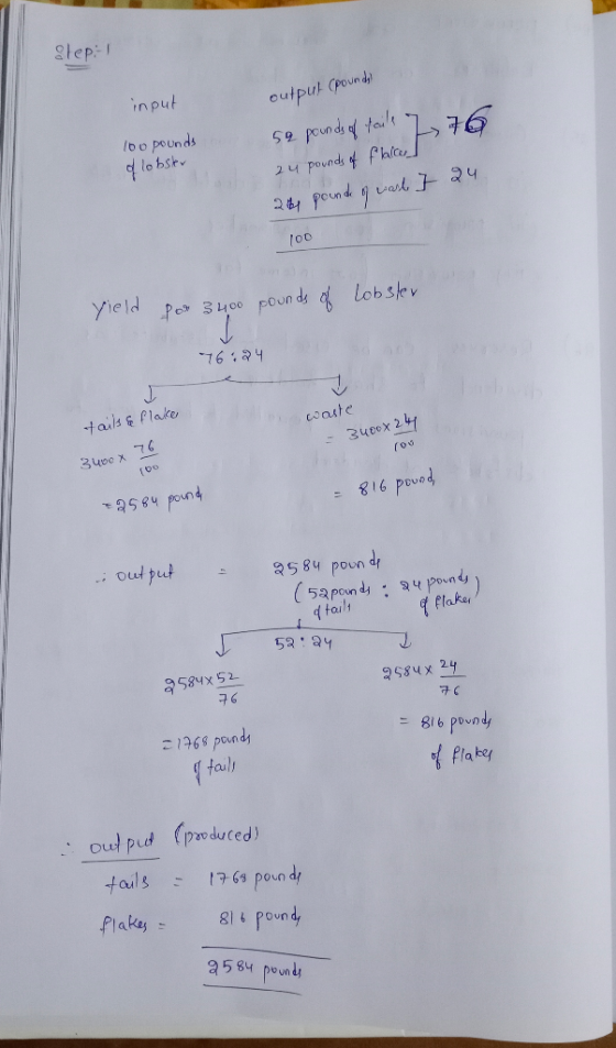 Elep: input output (poundi 100 pounds of lobster se pounds of tails 2 76 24 pounds of flakes 24 pound of wash I 24 100 yield