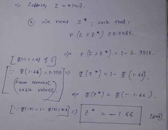 = suppose Z wN10,0. @ we need . *; such that, P 2 < Z*) -0.0485. =Y P(Z <z*) = 1- 0.9515. [8 (1) = edf of 27 7 T: (1.66) 2015