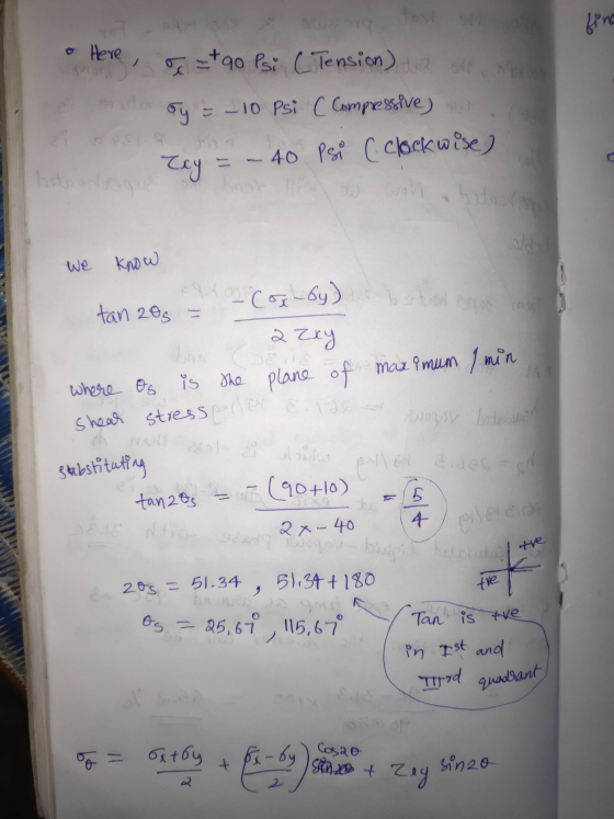 • Here, = + 90 Psi ( Tension) and all of y = -10 psi C Compressive) w Try - 40 Psi ( clockwise) We know Hos Cox-by) tan 2os =