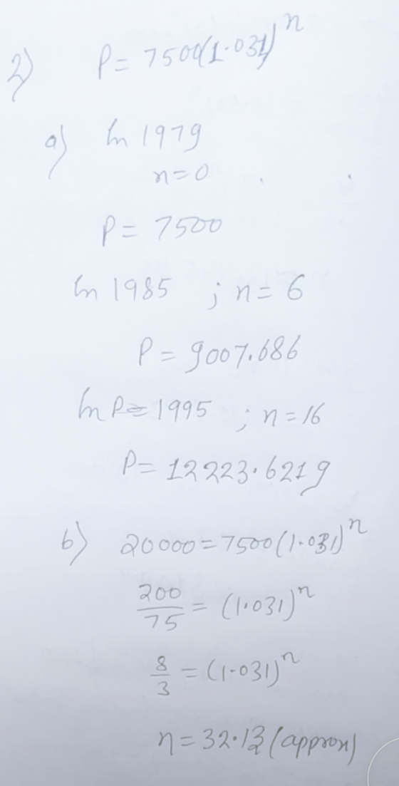 P= 75001-038) al in 1979 P = 7500 In 1985 ; n = 6 P = 90071686 In p= 1995 ; n=16 P= 12 223.6219 6) 20000 = 7500(1:03) 200+ (1