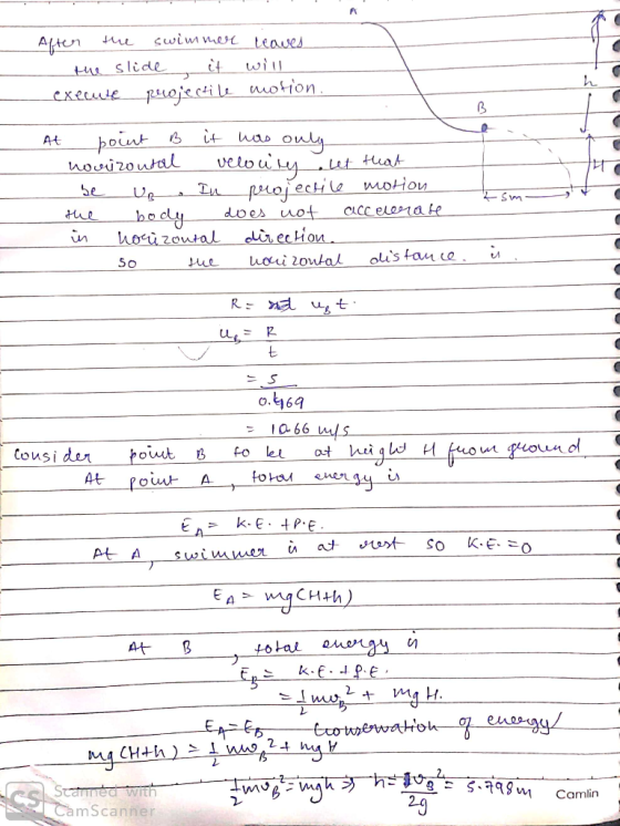 After the swimmer leaves the slide it will execute projectile motion. At point B it was only nowizontal veloury .ut that be U