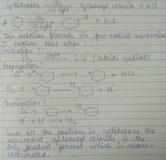 Cyclohexane laht Cyclohexyl chloride + Hl. * o cight Cat Hel This reaction proceeds via free-radical mechanism gt involves th