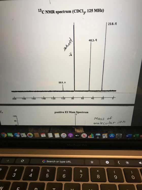 13C NMR spectrum (CDCI,, 125 MHz) 23.8.9 48.3,9 fiones 1 99.8,9 200 THO Too To T20 Too 80 zb 4. positive El Mass Spectrum 100