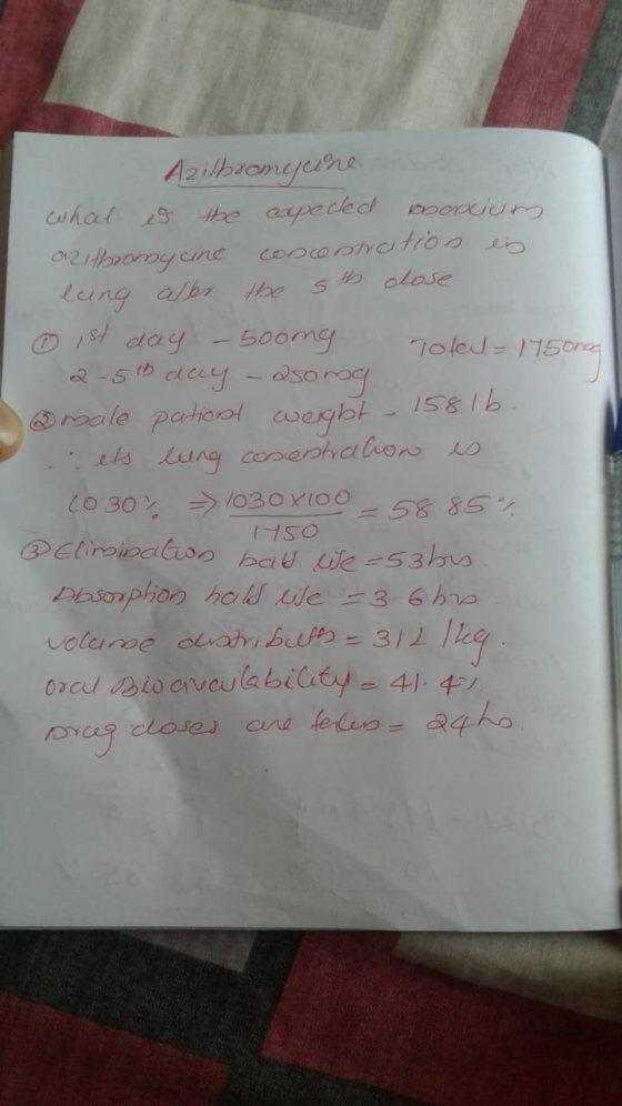 Azithromycine. what is the expected enoriu azithromycine concentration en lang aller the sth close ist day - 500mg Total= 175