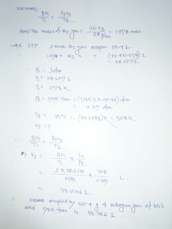 We, know, Here, the m 35.9 g, - 1.278 more. 28 g/mol At STP I mole Azgan occapies 22-94. 1:2780 No n (22.481.278 L = 28.62 22